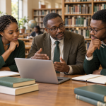 Conceptual AI illustration of Nigerian postgraduate students and a lecturer discussing research methods in a library; not actual N-Power beneficiaries.