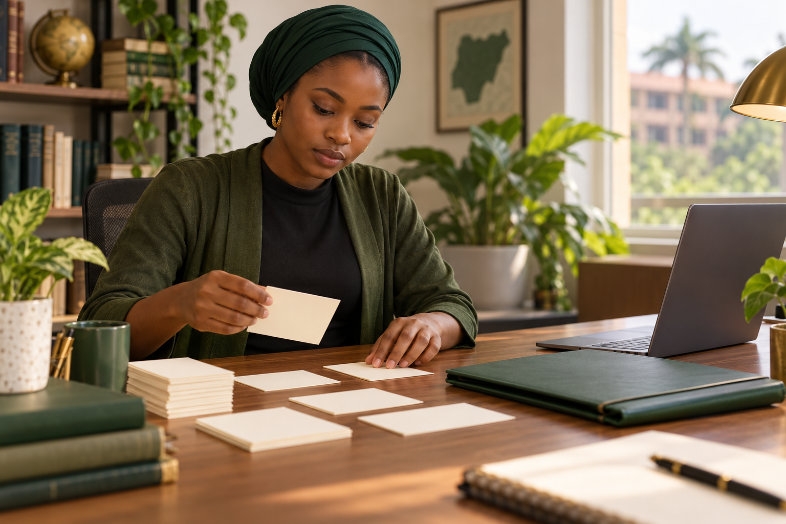 Conceptual AI illustration of a Nigerian postgraduate researcher organising blank research note cards at a university desk; not a study participant or an actual transcript.