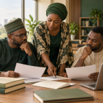 Conceptual AI illustration of three Nigerian university researchers reviewing blank financial worksheets and a laptop; not identified NNNGO staff.