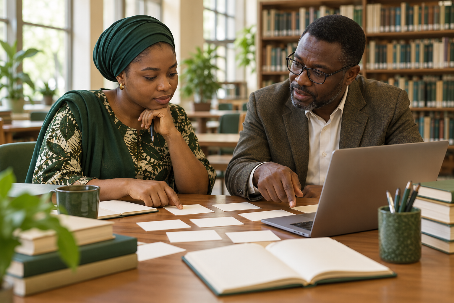 Conceptual AI illustration of a Nigerian postgraduate researcher and lecturer reviewing blank evidence cards in a university library.