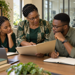 Conceptual AI illustration of Nigerian postgraduate students and a supervisor reviewing a research project folder; not identified university personnel.