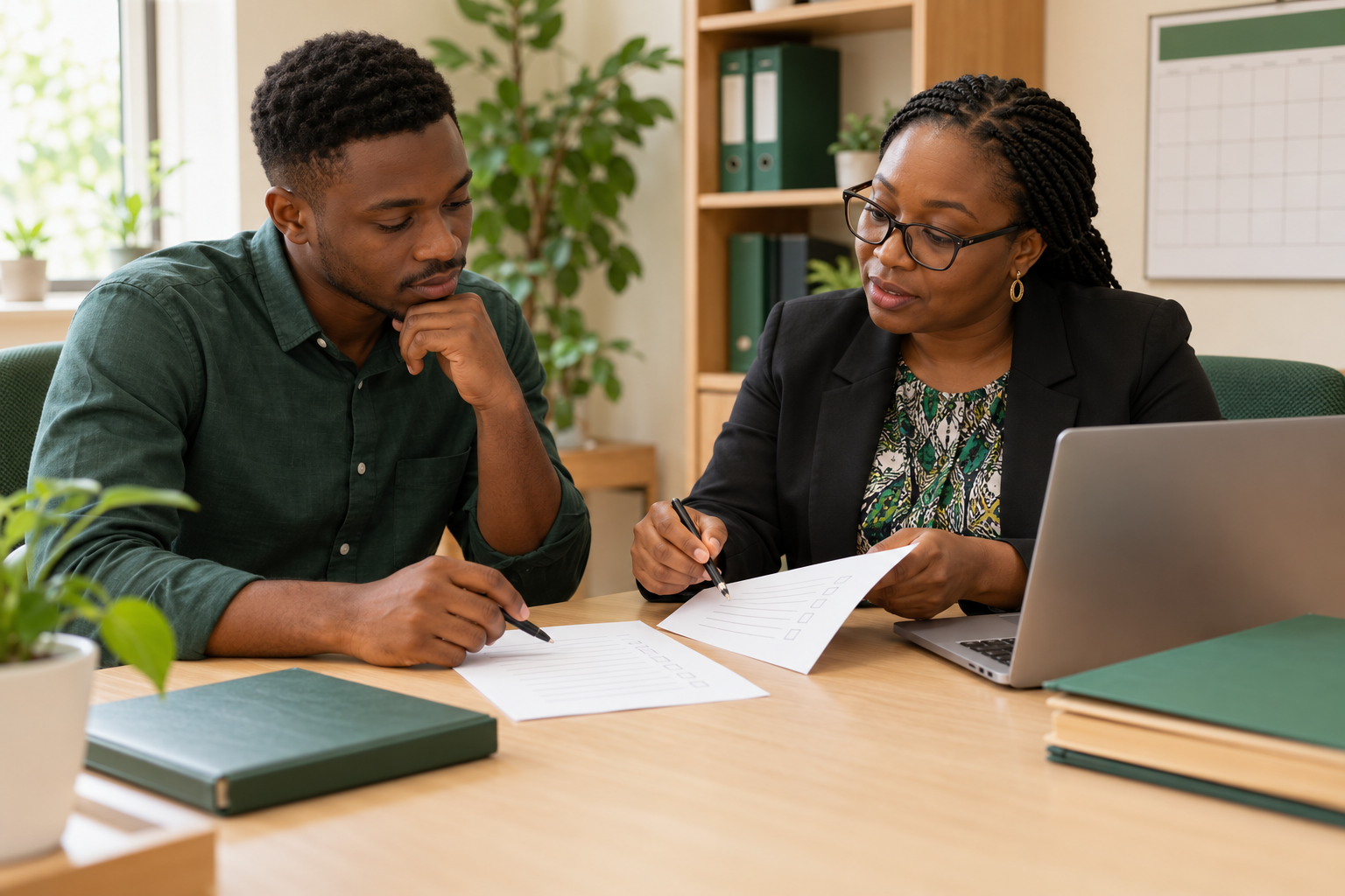 Conceptual AI illustration of a Nigerian postgraduate researcher and research administrator reviewing blank project checklists in an academic office.