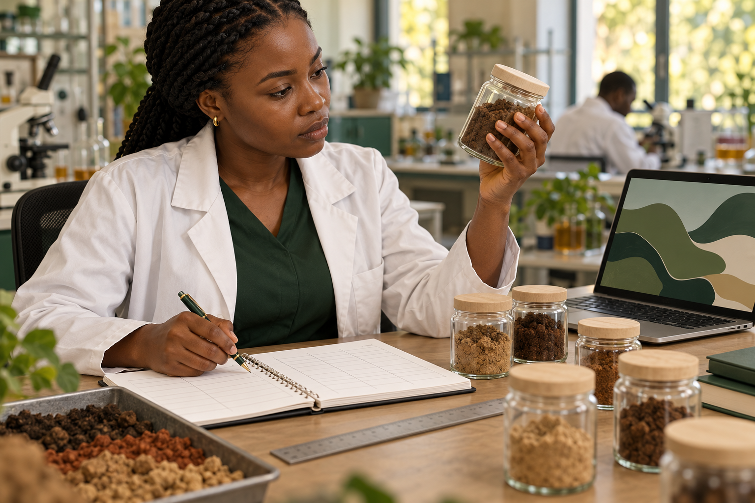 Conceptual AI illustration of a Nigerian postgraduate researcher checking unlabelled soil jars and blank metadata sheets in a university setting; no actual dataset or measured soil result.