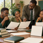 Conceptual AI illustration of Nigerian postgraduate students discussing surveillance reports and dates in a university seminar, not an actual outbreak investigation.