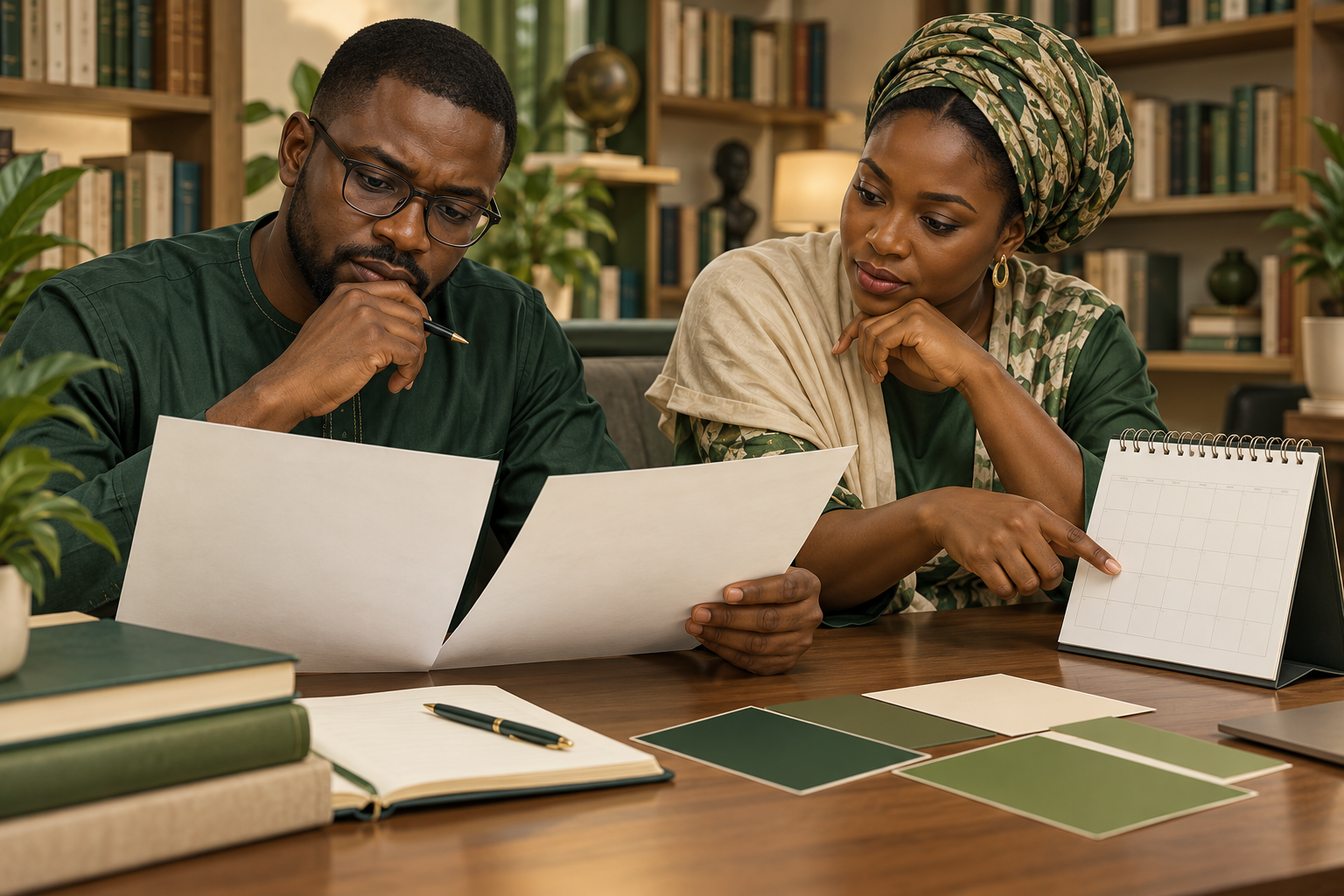 Conceptual AI illustration of Nigerian university researchers comparing blank report pages and a calendar; no patients, actual surveillance records or personal health information.